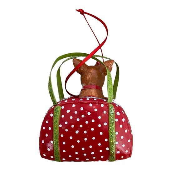 Chihuahua in Red and White Polka Dot Handbag Dog Ornament Not Perfect - Picture 2 of 5